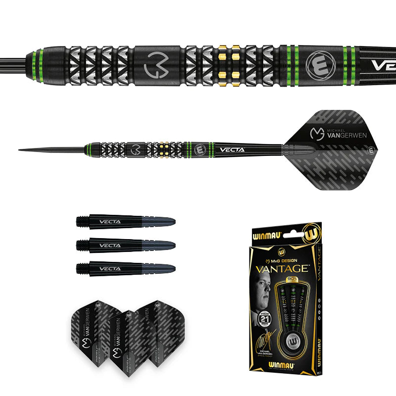 Winmau MVG Vantage 90% tungsten darts set displayed with close-up grip detail, full assembled dart, three spare shafts, flights, and boxed packaging.