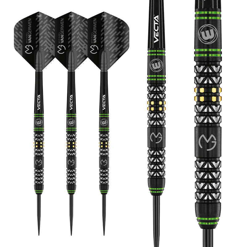 90% tungsten darts set with black and green barrels, precision grip, and close-up showing intricate engraved detailing for dart players