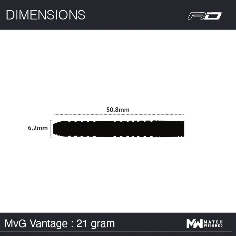 Side profile of MVG Vantage 90% tungsten dart barrel showing 50.8mm length and 6.2mm diameter with scale reference