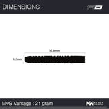 Side profile of MVG Vantage 90% tungsten dart barrel showing 50.8mm length and 6.2mm diameter with scale reference