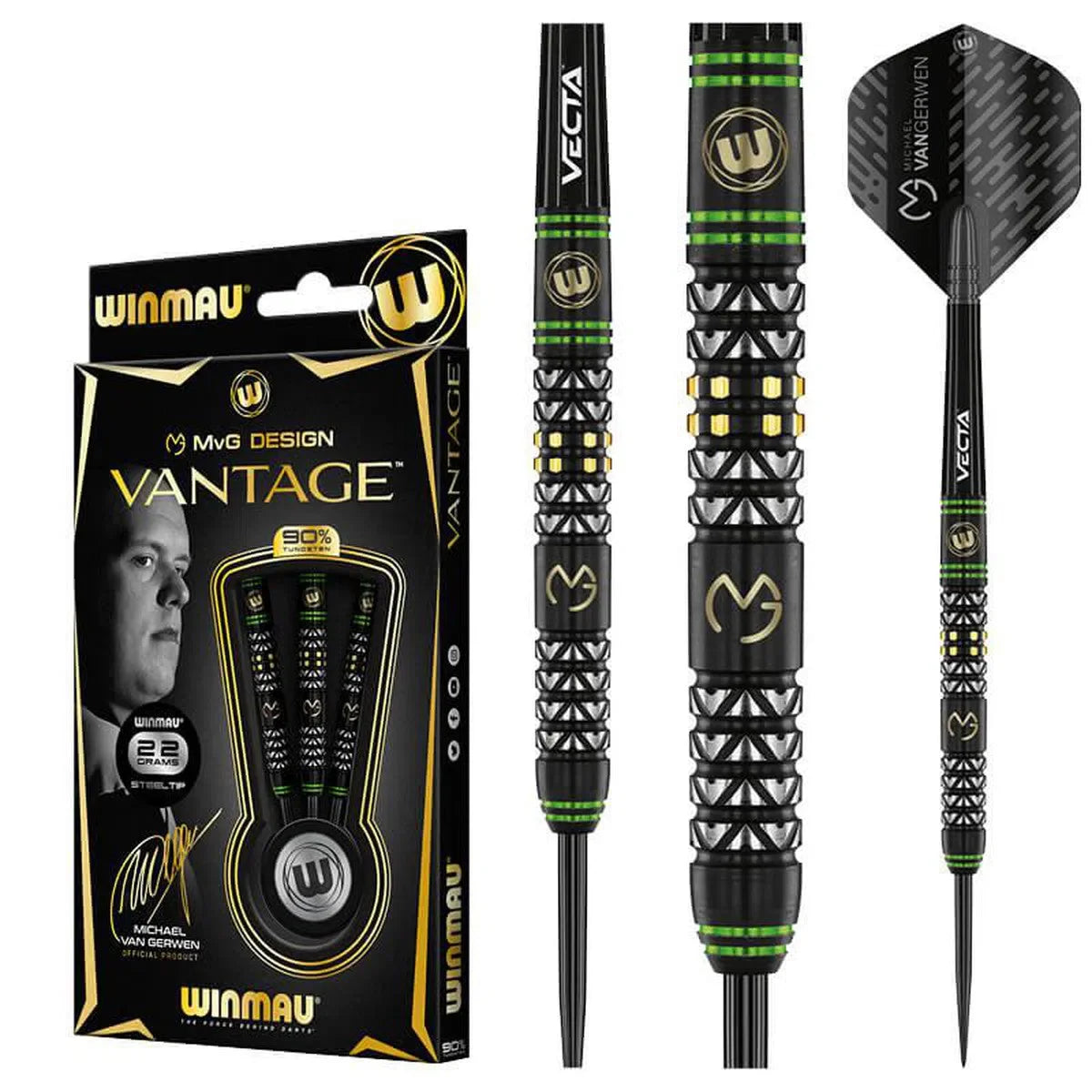Steel tip tungsten darts set in retail packaging with close-ups of black grip barrels, green rings, and textured flights
