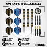 Complete set of 90% tungsten darts, extra shafts, flights, and point protector arranged flat on white background for buyers