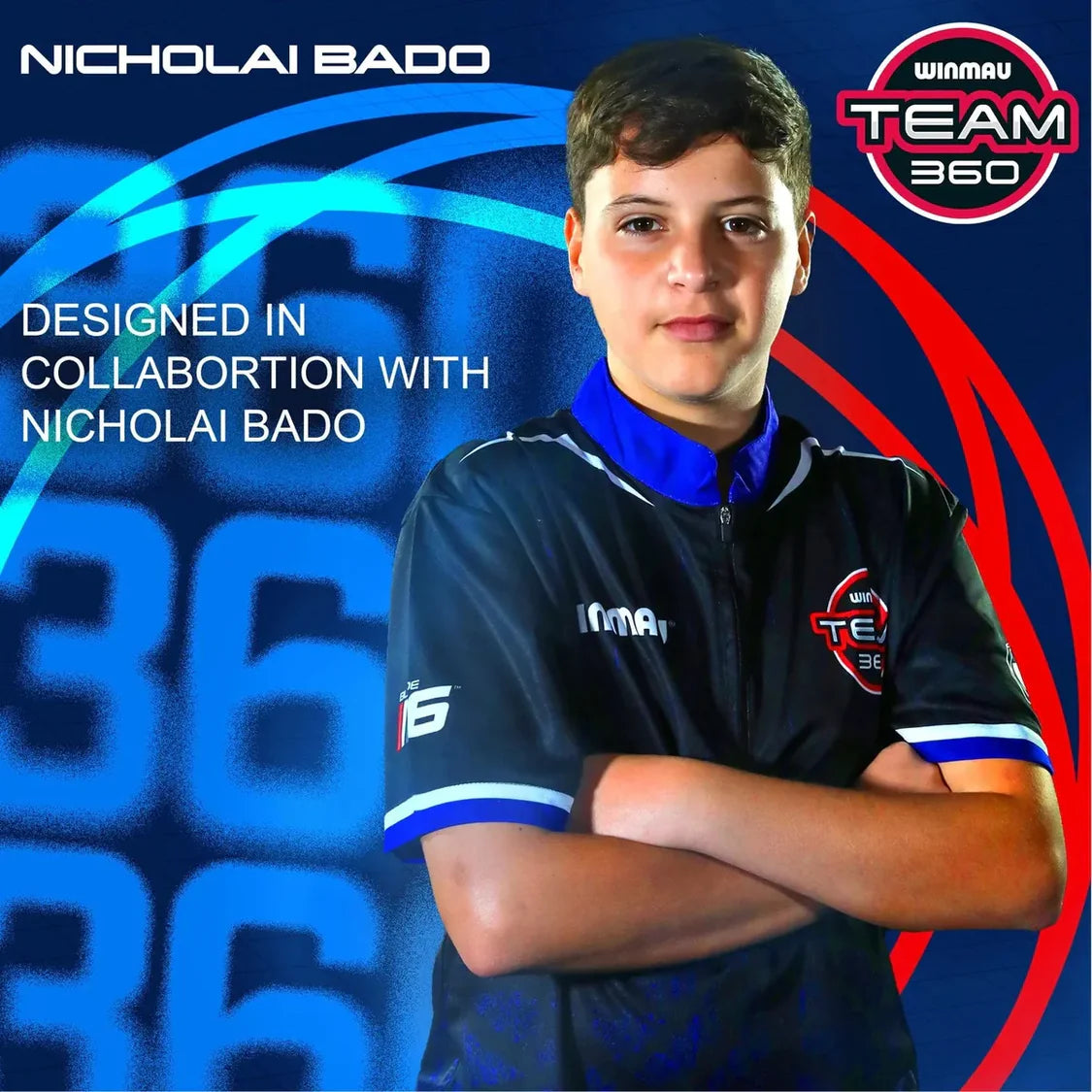 Promotional lifestyle shot of Nicholai Bado in darts team jersey, highlighting player collaboration for tungsten darts