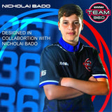 Promotional lifestyle shot of Nicholai Bado in darts team jersey, highlighting player collaboration for tungsten darts