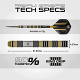Technical side and macro view of 90% tungsten dart, 23g weight, ring grip barrel, 51.57mm length, 6.27mm diameter, isolated on white.