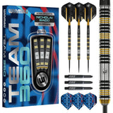 Steel tip tungsten darts set in retail box with three darts, spare shafts, extra flights, and close-up of barrel grip detail