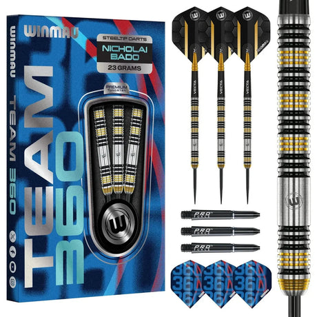 Steel tip tungsten darts set in retail box with three darts, spare shafts, extra flights, and close-up of barrel grip detail