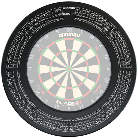 Top-down view of outshot dartboard surround with printed checkout charts, shown on a dartboard for wall protection and darts scoring
