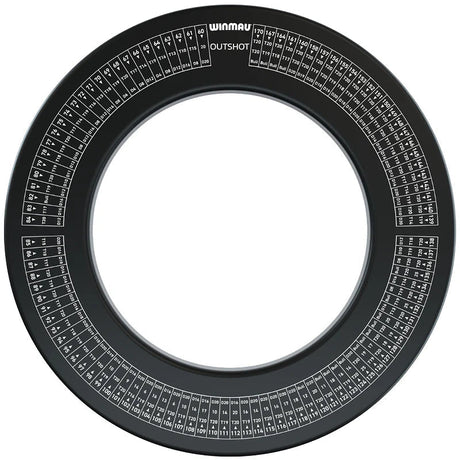 Top-down view of dartboard surround with printed outshot checkout guide, isolated on white background, essential dart equipment accessory