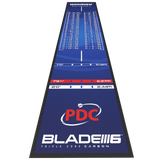 Full view angled dart mat showing outshot chart, throw lines, PDC logo, and soft feel non-slip surface for darts setup