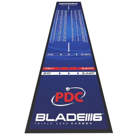 Full view angled dart mat showing outshot chart, throw lines, PDC logo, and soft feel non-slip surface for darts setup