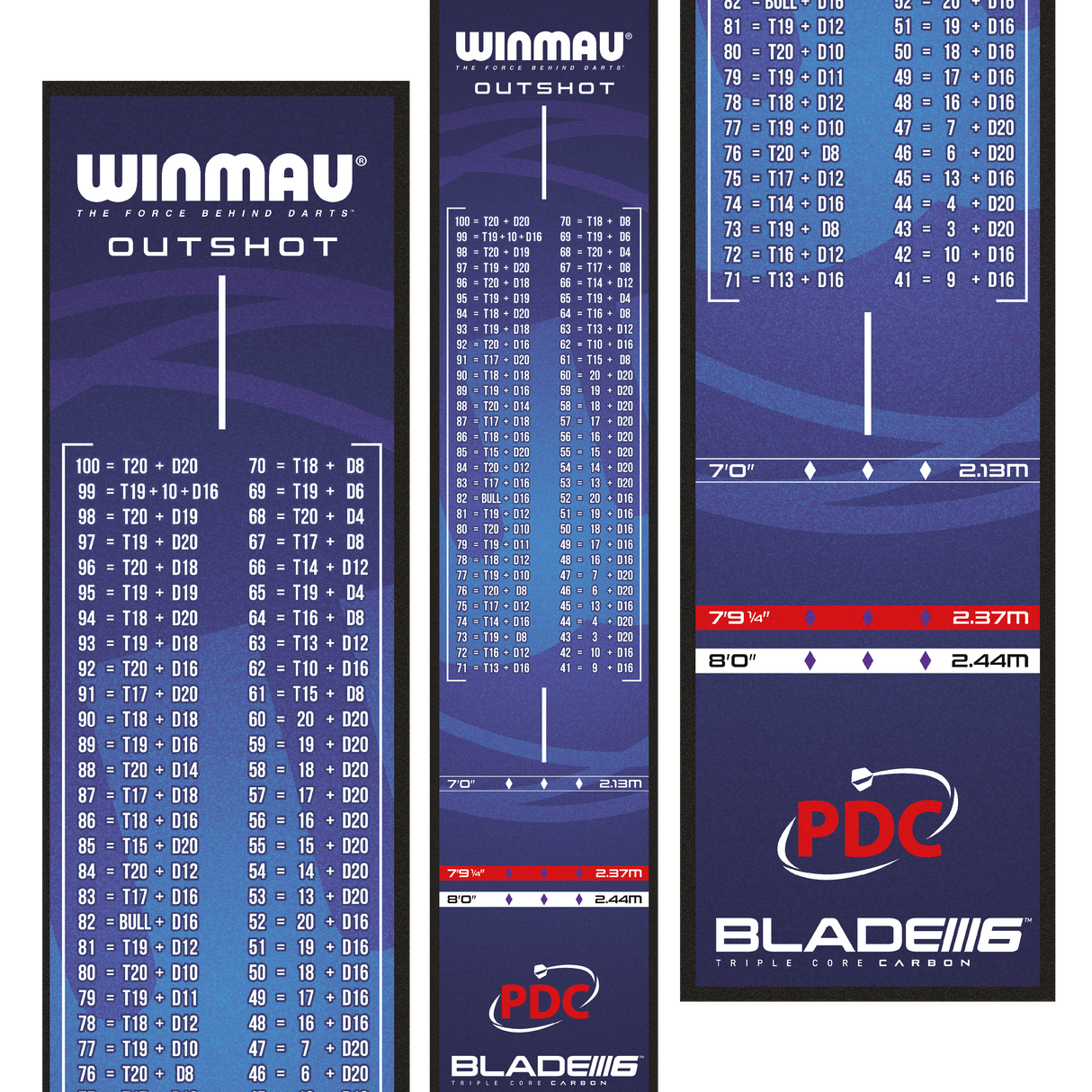 Dart mat full product view with outshot checkout chart, throw line distance markers, and soft-feel fibre surface for home or tournament setup
