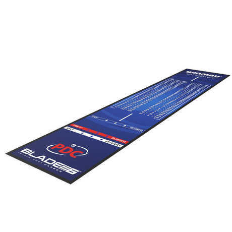 Full length angled view of soft-feel dart mat with outshot checkout chart, non-slip edge, and oche throw lines for darts practice.