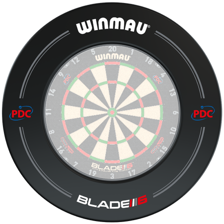 Top-down view of black dartboard surround fitted on bristle dartboard, showing size, PDC logos and Blade 6 details