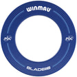 Blue dartboard surround ring full view, isolated on white background, showing PDC and Blade 6 markings, ideal for dart cabinet protection