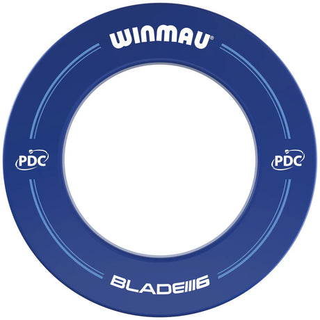 Blue dartboard surround ring full view, isolated on white background, showing PDC and Blade 6 markings, ideal for dart cabinet protection