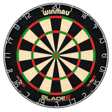 Professional dartboard full view on white background showing thin wiring, clear numbers, and segmented scoring zones