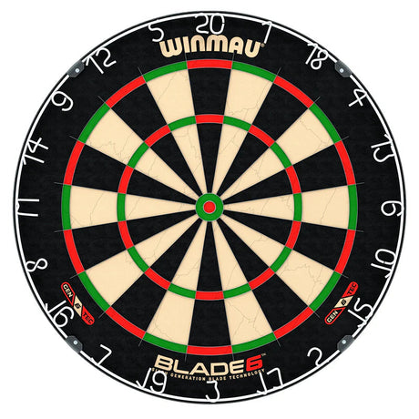 Professional dartboard full view on white background showing thin wiring, clear numbers, and segmented scoring zones