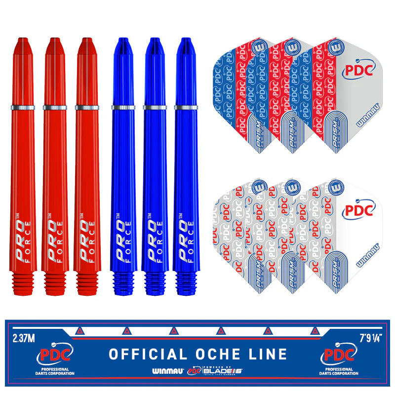 Top-down shot of red and blue dart shafts, PDC branded dart flights, and official oche line sticker for dartboard setup