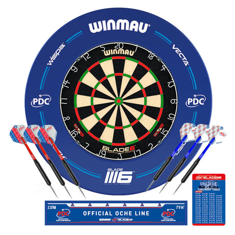 Dartboard surround set with PDC dartboard, blue ring, six darts, oche line sticker, and checkout card on white background