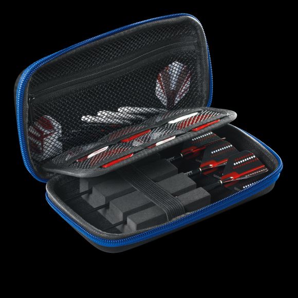 Angled view of open dart case showing one set of fully assembled darts, foam holders, mesh pocket, and spare flights