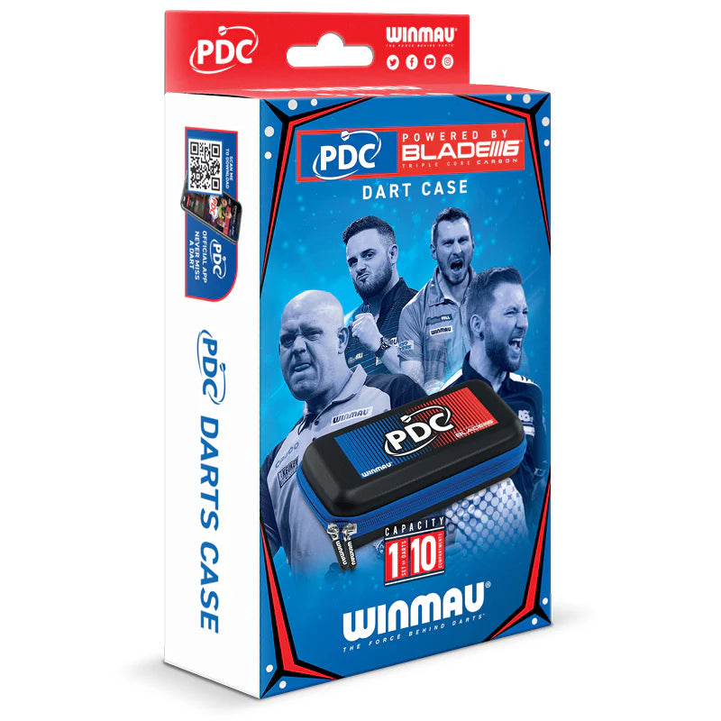 Full retail box view of PDC darts case with pro player graphics, product branding, and case capacity for dart accessories