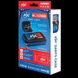 Angled view of PDC darts case retail packaging showing case design, compartments, size guide, and storage features for dart accessories