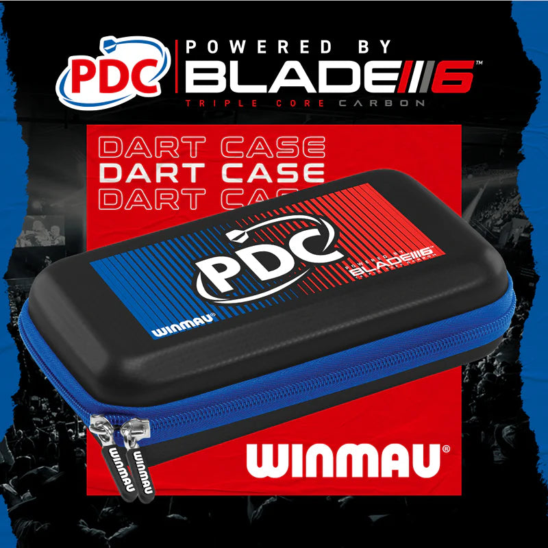 Angled full view dart case with blue zipper, PDC logo, and color accents, ideal for storing darts equipment.