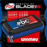 Angled full view dart case with blue zipper, PDC logo, and color accents, ideal for storing darts equipment.