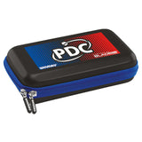 Angled full view of zipped darts case with PDC logo, blue trim, isolated on white background for dart equipment storage