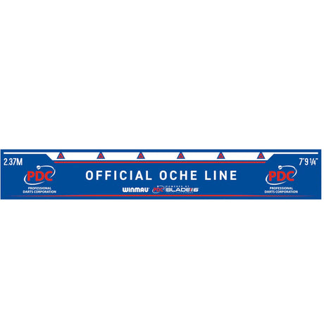 Full-length official PDC oche line throwline for darts, blue strip with distance markings, isolated on white background
