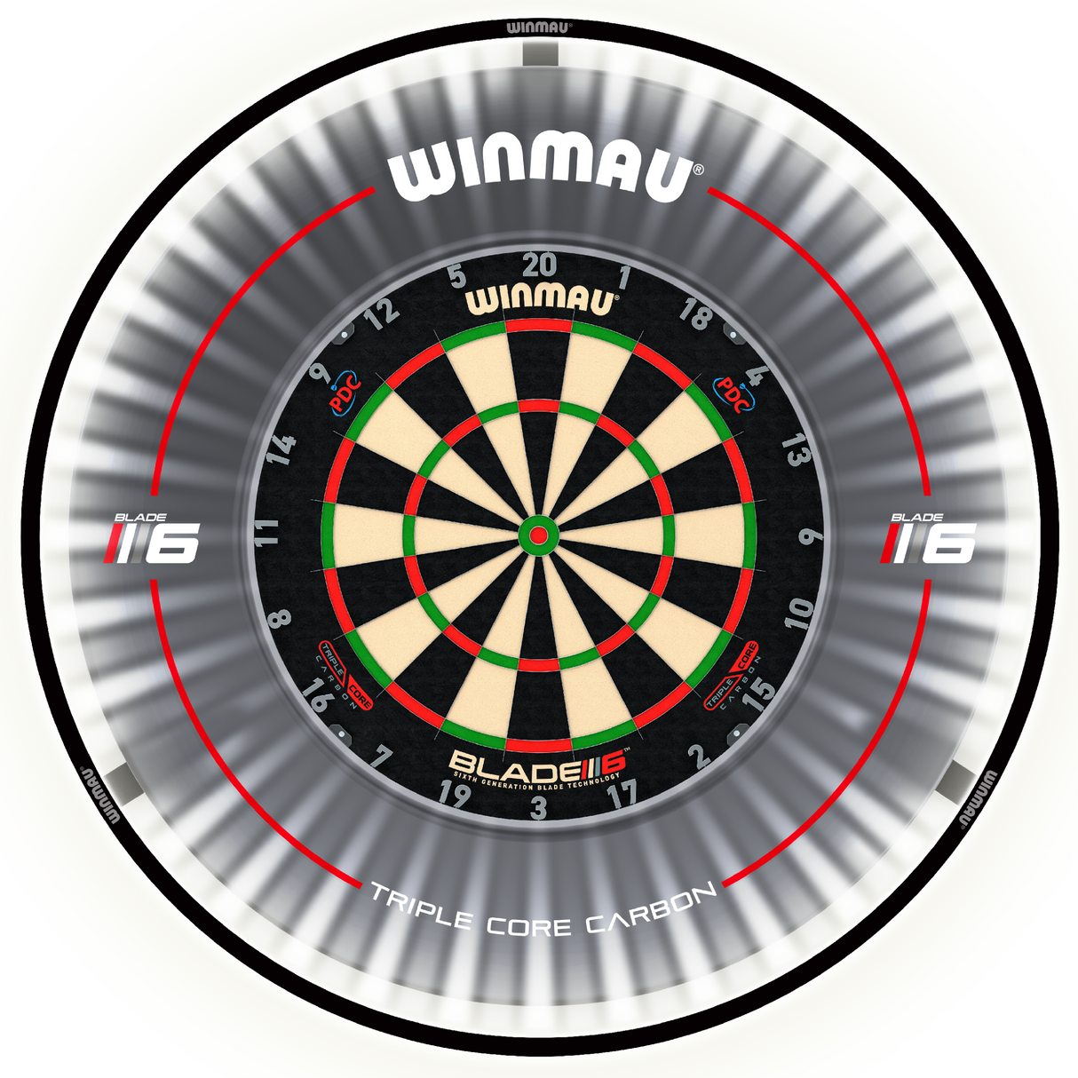 Top-down view of dartboard ring light evenly illuminating a mounted dartboard, showing 360-degree LED lighting for darts setup