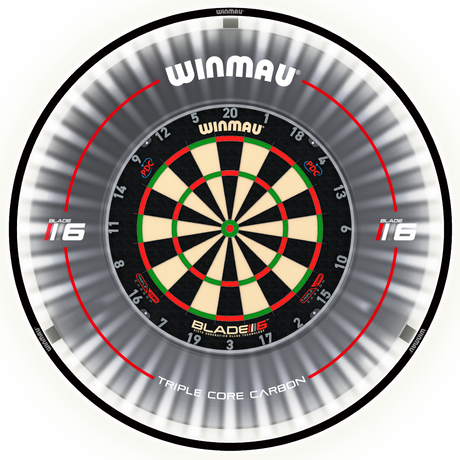 Top-down view of dartboard ring light evenly illuminating a mounted dartboard, showing 360-degree LED lighting for darts setup