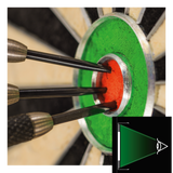 Macro close-up of darts in bullseye showing sharp tip detail and board texture, with lighting angle diagram inset for dartboard illumination