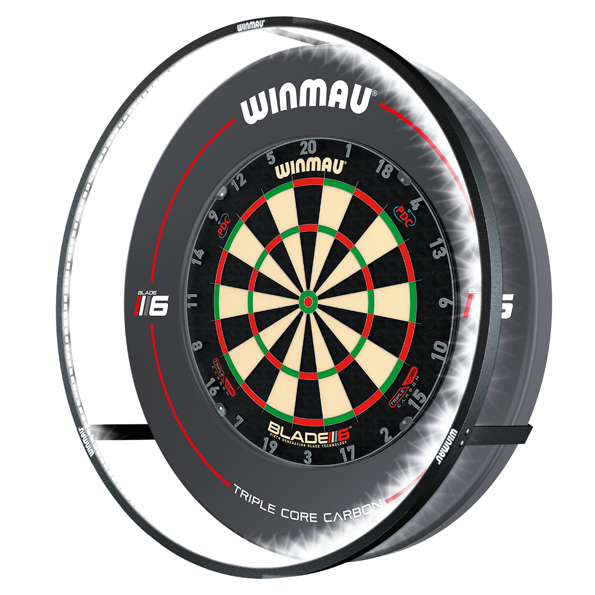 Dartboard light ring mounted for 360-degree LED illumination, full product display on white background, highlights even dartboard lighting