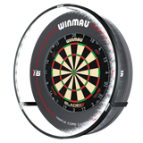 Dartboard light ring mounted for 360-degree LED illumination, full product display on white background, highlights even dartboard lighting