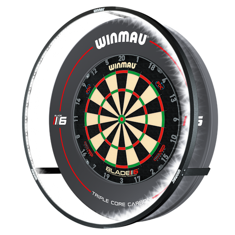Dartboard light ring mounted for 360-degree LED illumination, full product display on white background, highlights even dartboard lighting
