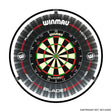 Top-down view of dartboard surround ring displaying full fit around standard dartboard, branding visible, isolated on white background