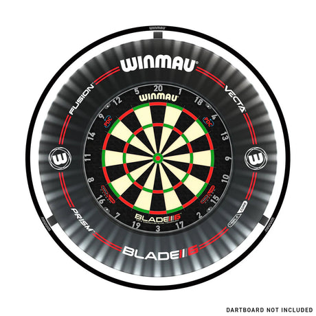 Top-down view of dartboard surround ring displaying full fit around standard dartboard, branding visible, isolated on white background