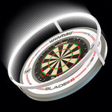 Angled view of dartboard with 360-degree LED light ring highlighting full board illumination for optimal darts visibility
