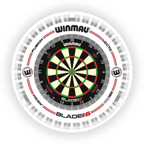 Top-down view of Plasma Ice 360 dartboard light encircling dartboard for even illumination, both fully visible, ideal for darts setup