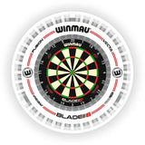 Top-down view of Plasma Ice 360 dartboard light encircling dartboard for even illumination, both fully visible, ideal for darts setup