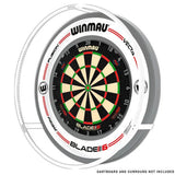 Angled full view of Plasma Ice 360 dartboard light ring encircling dartboard, showing slim 360-degree LED lighting for optimal board illumination