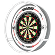 Dartboard with 360-degree LED light ring in full front view, showing even illumination and sleek white support frame