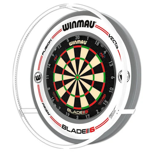 Dartboard with 360-degree LED light ring in full front view, showing even illumination and sleek white support frame