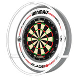 Dartboard with 360-degree LED light ring in full front view, showing even illumination and sleek white support frame