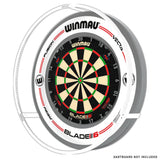 Dartboard light ring and surround bundle displayed front view, highlighting LED illumination and white protective ring for darts setup