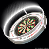 Angled close-up showing illuminated dartboard light ring and surround with bright LED lighting, highlighting mounting position around a standard dartboard