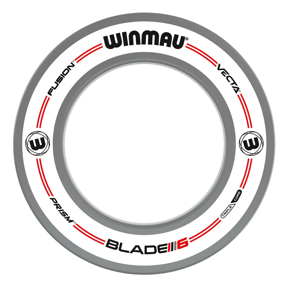 Top-down view of dartboard surround ring with white and grey design, product branding, and red accents, isolated on white background