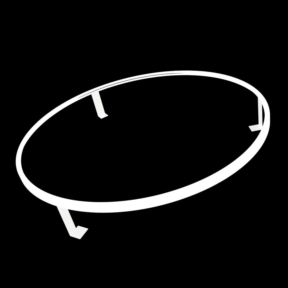 Angled view of dartboard LED light ring frame with mounting brackets, isolated on black background for darts setup